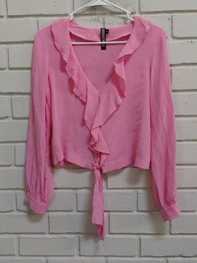 100% Silk Yoana Baraschi Pink Ruffle Tie-Front Top. Size Small